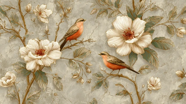 Vintage Floral Wallpaper with Birds and Gold Accents
