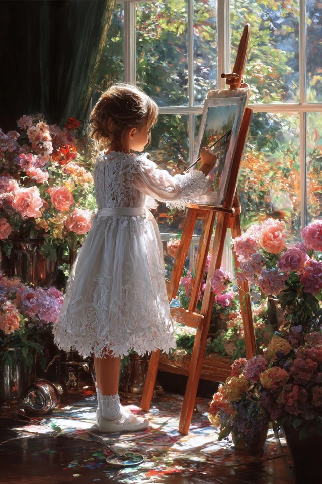 Girl Painting Flowers in Sunlight Art by Kinkade Dittmann