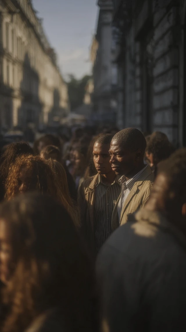 City Crowd: Multiethnic Faces, Dramatic Sunlight