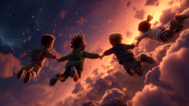Children Floating in Space Dreamlike Cinematic Scene