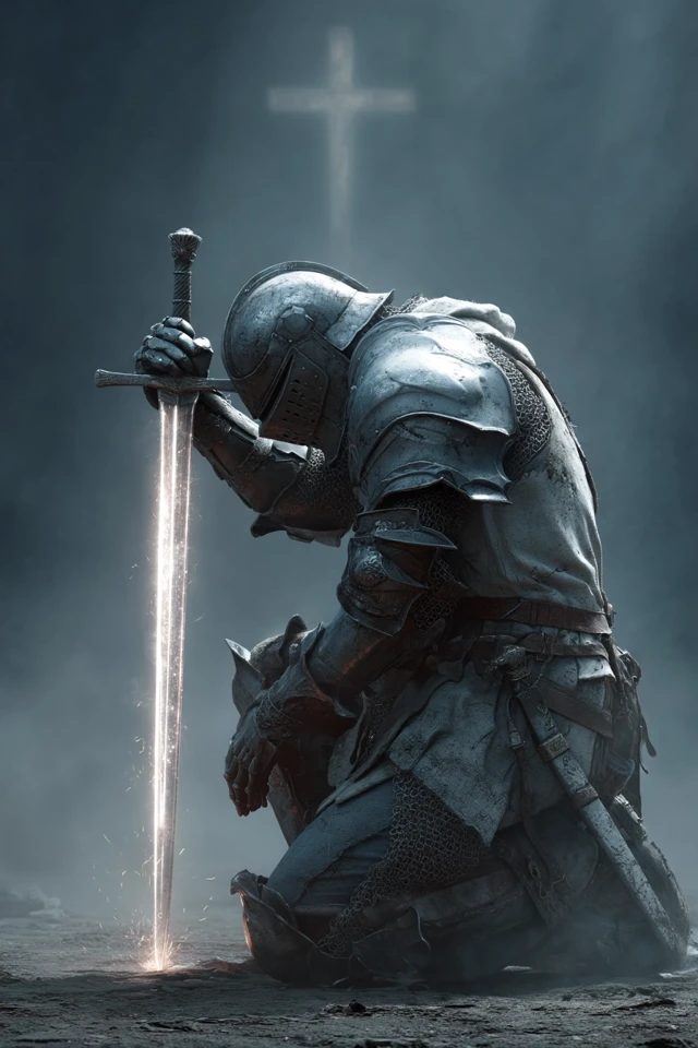Heroic Knight with Glowing Sword on Battlefield