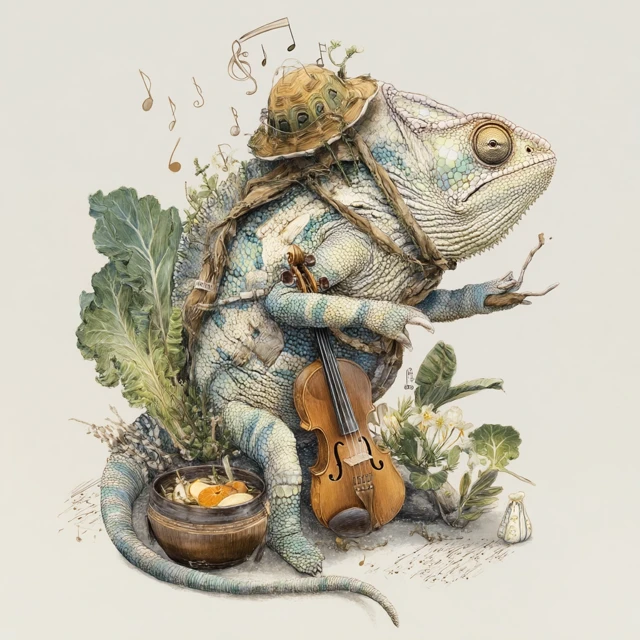 Chameleon with Violin in Nature Anniversary