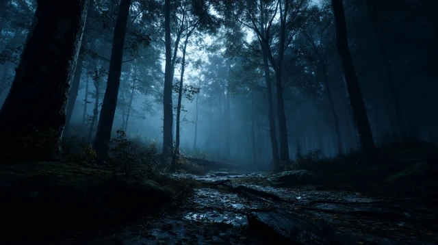 Eerie Night Forest Photo: Shadows and Mist