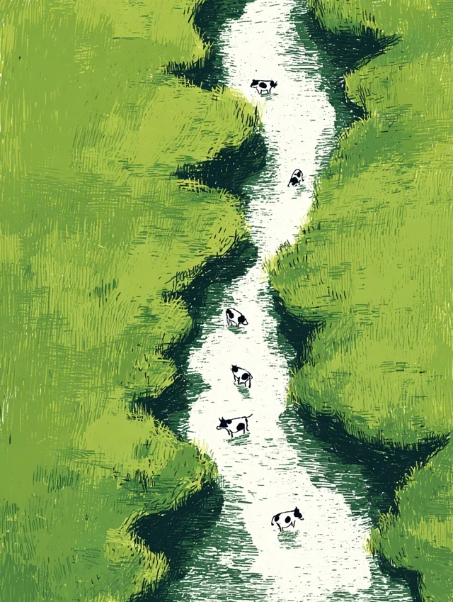 Cows Crossing River Top Down View Illustration