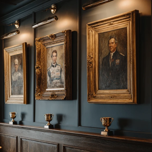 Elegant Portraits on a Wall with Trophies Below
