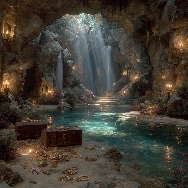 Magical Water Cave with Treasure and Waterfalls