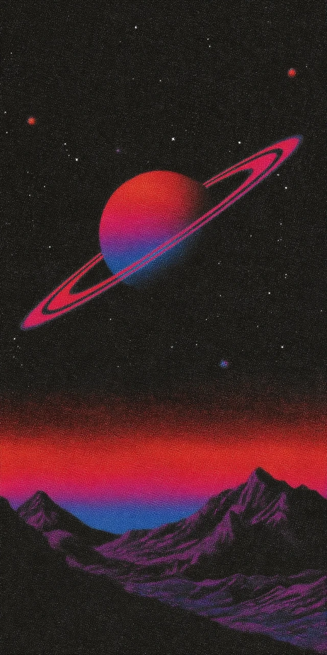 70s Retro Space Art Saturn Rings Planets Stars Graphic Design