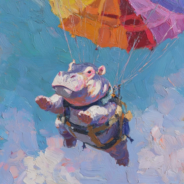 Impressionist Hippo Painting Under a Rainbow Parachute