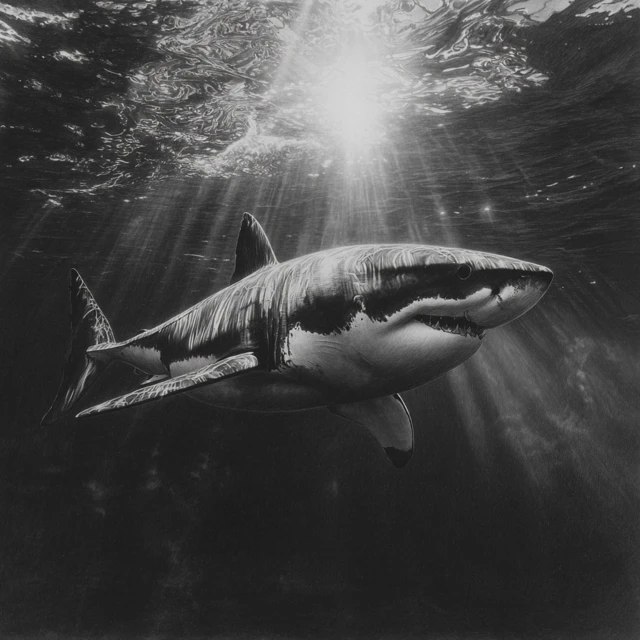 Great White Shark Underwater Hyperrealistic Drawing