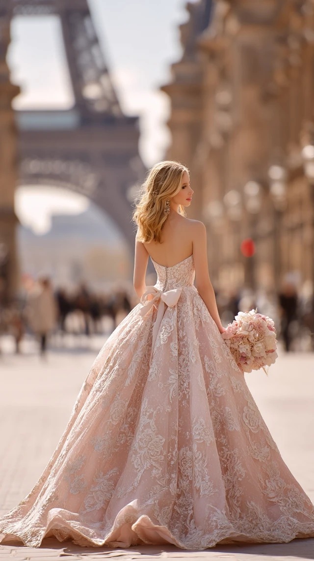 Wedding Dress in Paris Romantic Night Scene