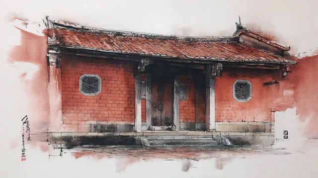 Southern Taiwanese Courtyard House Ink Wash Painting
