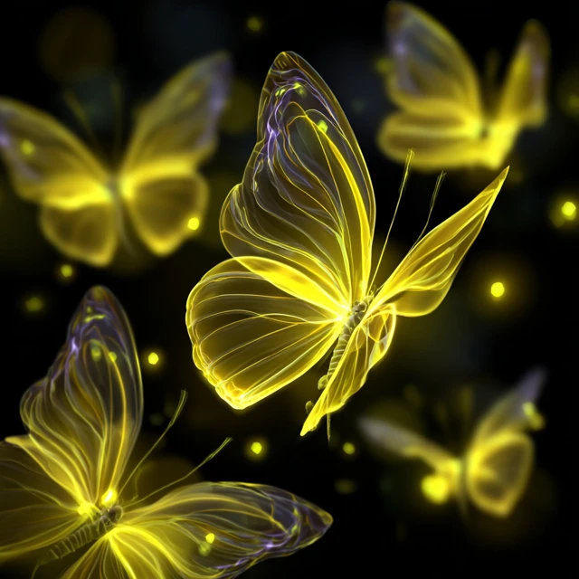 Glowing Yellow Butterflies on Black Background