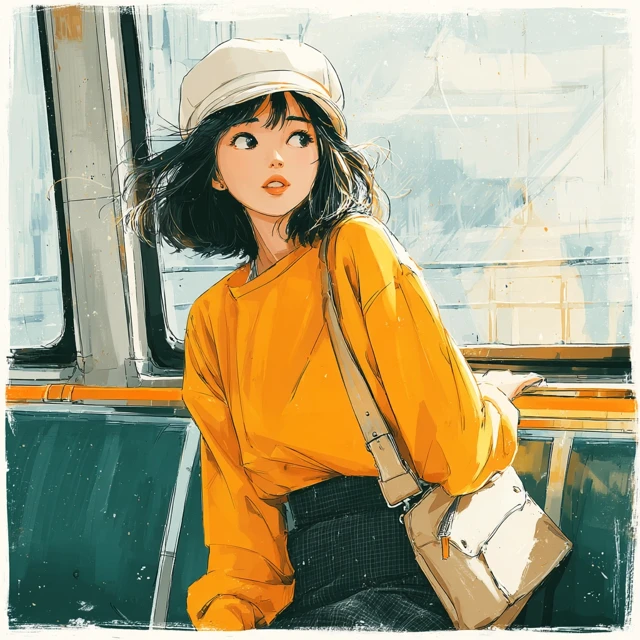 Young Woman on a Bus Anime Illustration