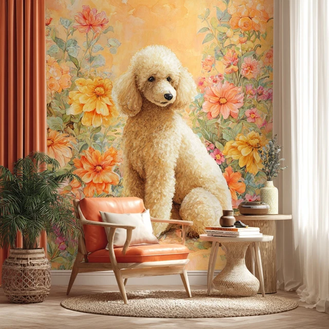Poodle Watercolor Painting Flowers Richard Scarry Style