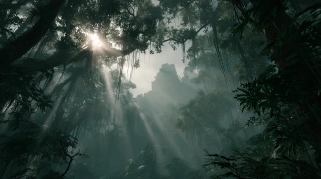 Mystical Jungle Scene Sunlit Rainforest and Ancient Ruins