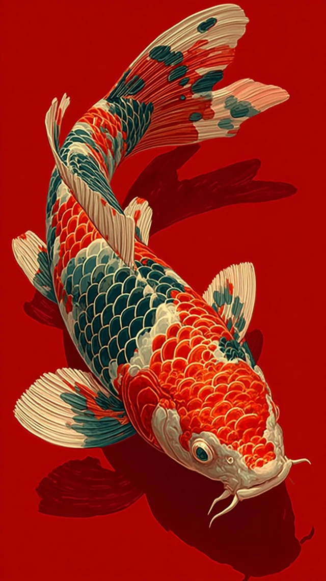 Colorful Koi Fish Swimming in Red Waters Art