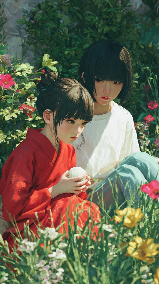 Japanese Friends in Garden Candid Moment