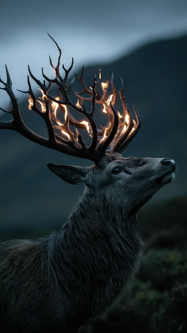 Stag with Fire Glowing Antlers Reaching the Sky