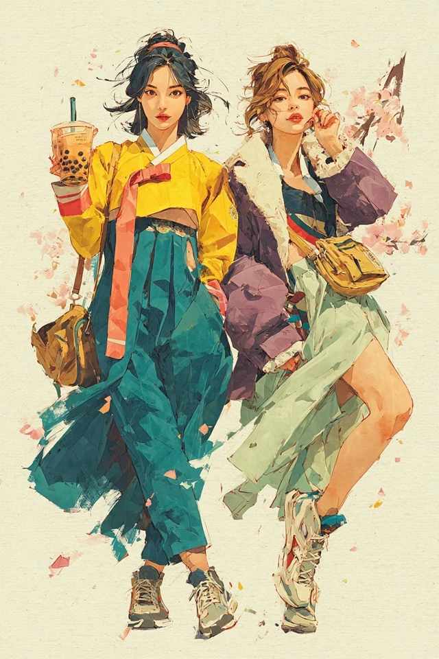 Korean Girls in Hanbok Fashion Illustration