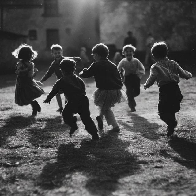 Children Playing Black and White Photo