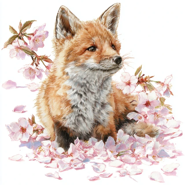 Fox Kit Playing in Cherry Blossoms Watercolor Art