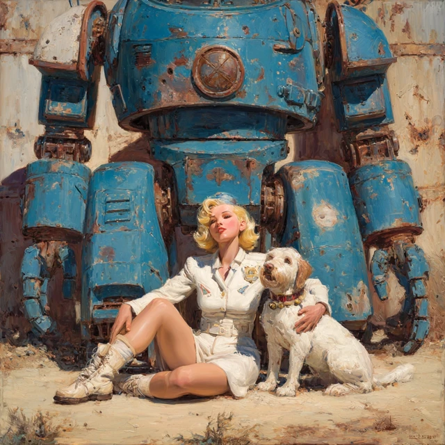 Vintage Pulp Art Woman Robot Dog