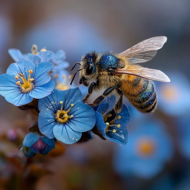 Bee on Blue Flowers Macro Photography