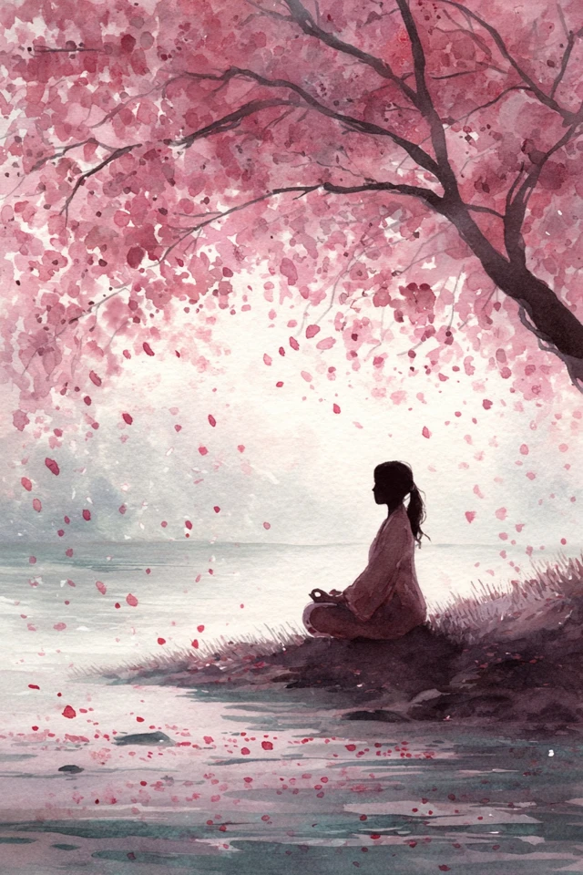 Watercolor Painting of Woman Meditating Under Cherry Blossoms