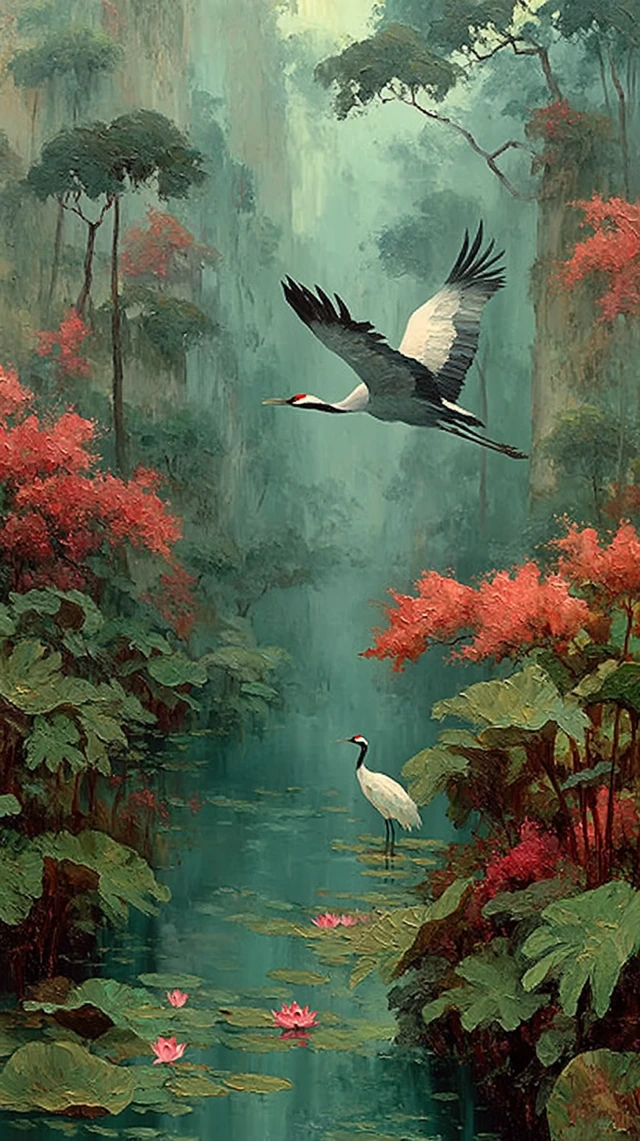 Majestic Eagle and Crane in Chinese Landscape Painting