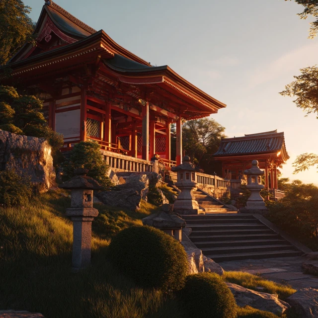 Japanese Temple at Sunset Kyoto Landscape