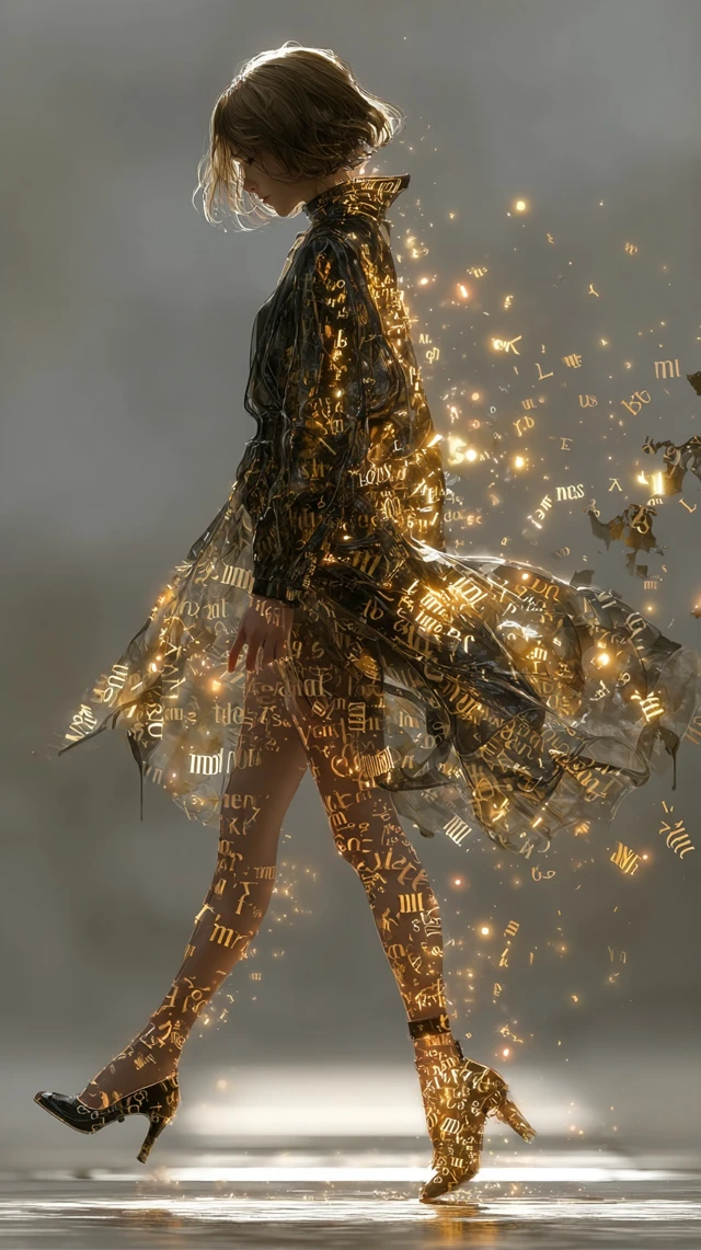 Girl Dissolving into Golden Symbols Dreamlike Art