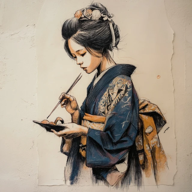 Japanese Girl Eats Sushi Banksy Style Art