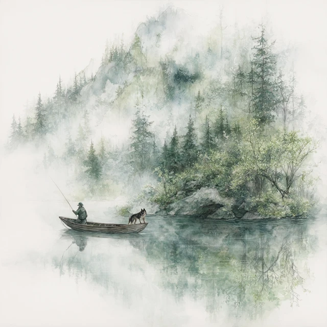 Watercolor Fishing Scene Man Dog Mountain Lake