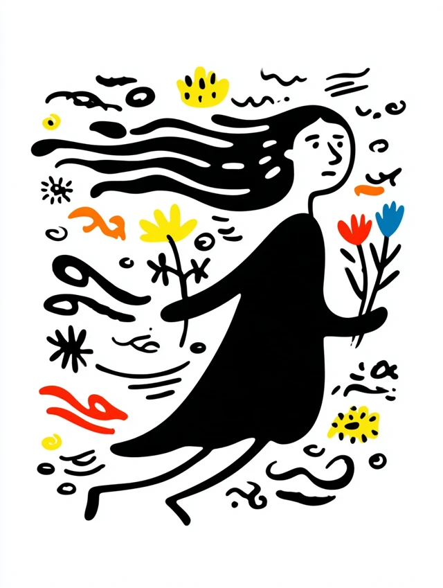 Running Girl with Flowers Abstract Vector Graphic