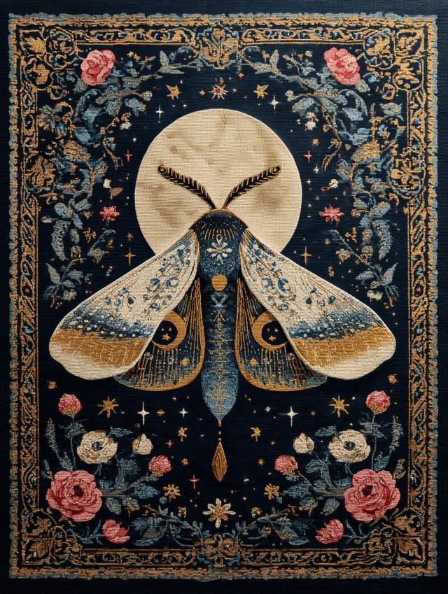 Vintage Moth Tapestry Celestial Art with Flowers