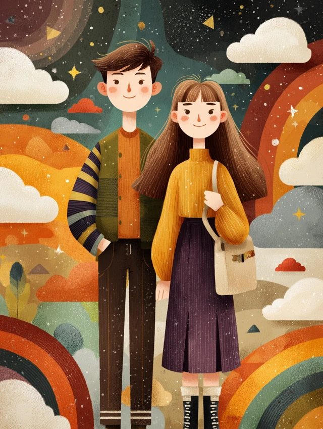 Couple Illustration Rainbow Background