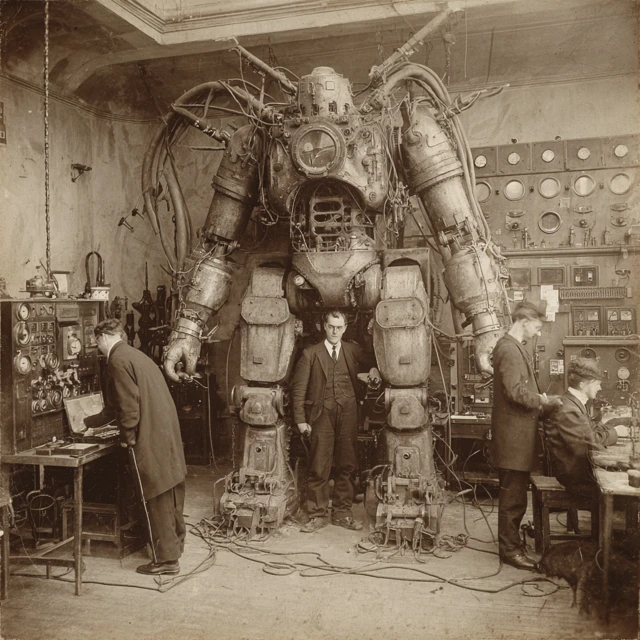 Vintage Robot Scientists in Victorian Era Workshop