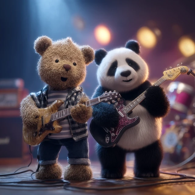 Teddy Bear and Panda Rock Band on Stage