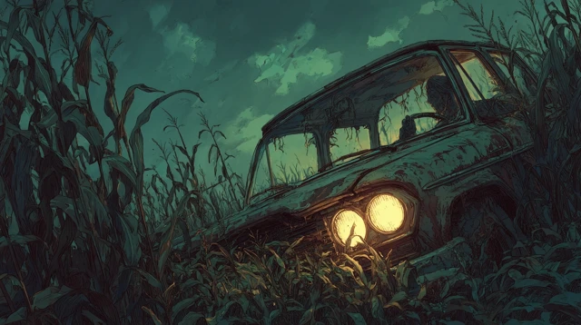 Van in Cornfield Illustration Frank Miller Style