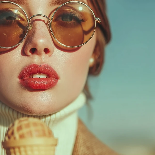 Glamorous Woman with Ice Cream, Sunglasses, and Bright Sunlight
