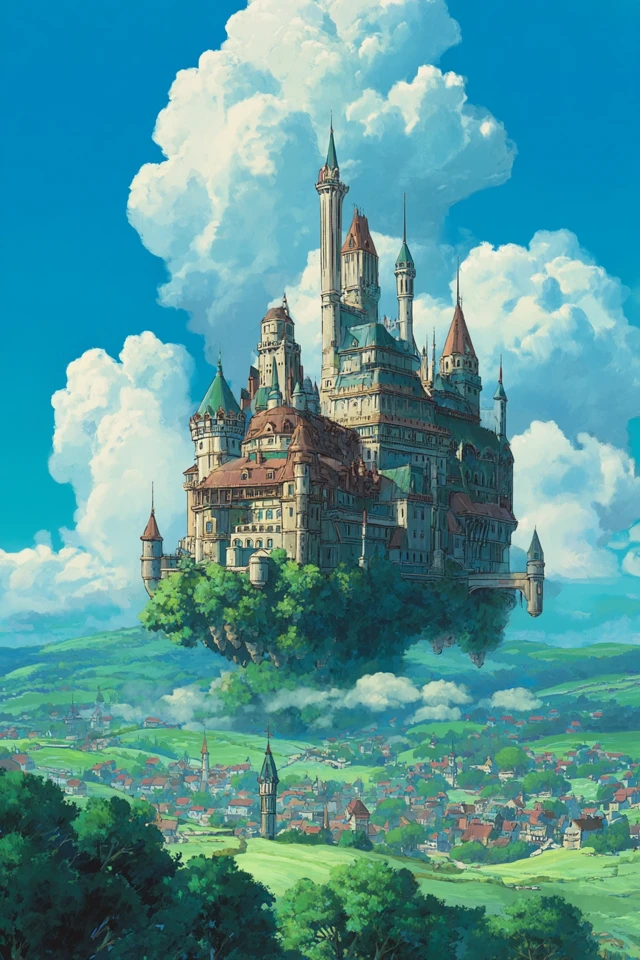 Floating Castle in Anime Style Ghibli Inspired
