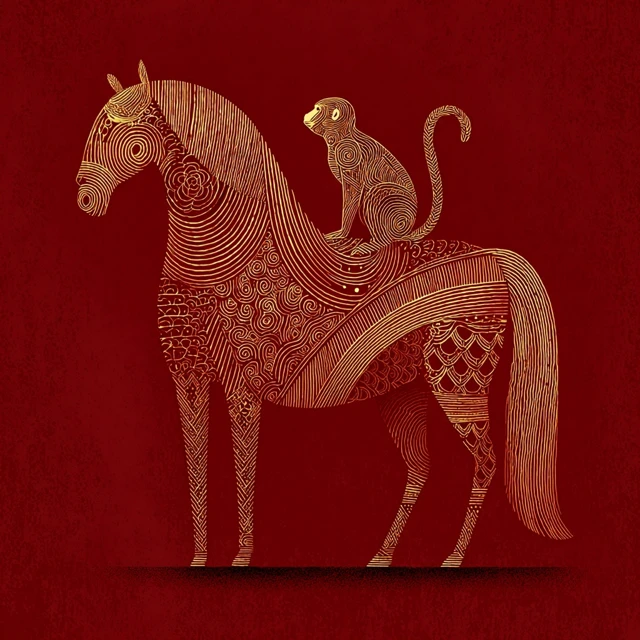 Golden Horse and Monkey Illustration Chinese Art
