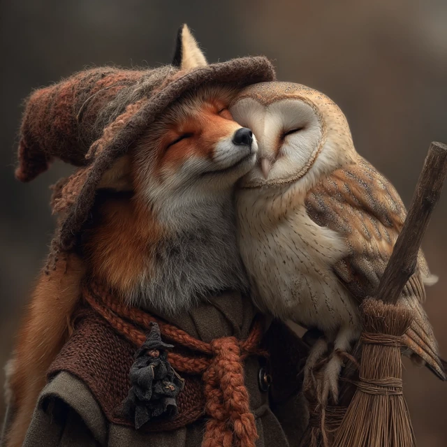 Fox and Owl Embracing Realistic Photo
