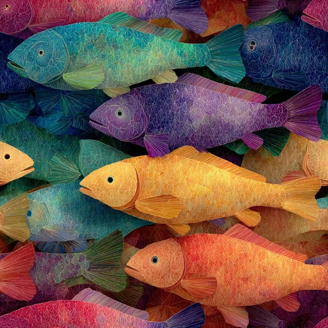 Colorful Origami Rainbow Trout Swarm