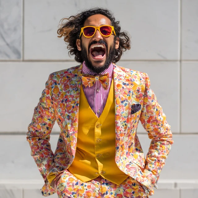 Cheerful Blogger in Bright Suit with Camera