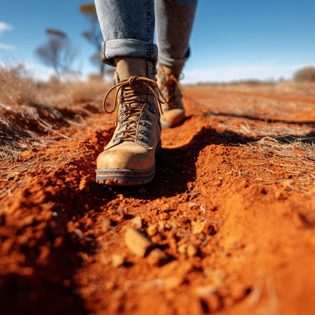 Australian Boots Walking on Red Dirt Road