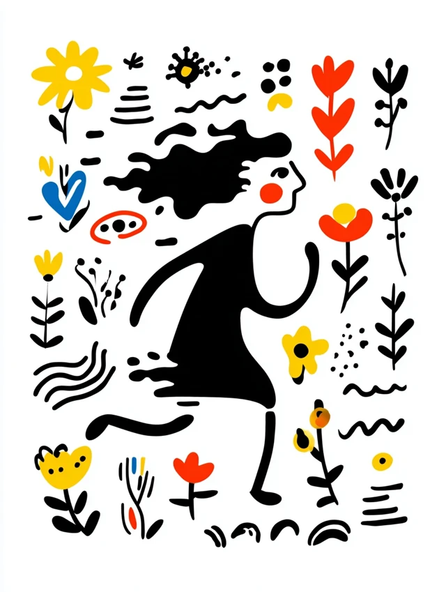 Running Girl with Flowers Abstract Vector Graphic