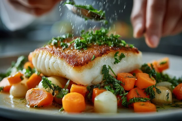 Chef Plating Fish Fillet with Fresh Vegetables