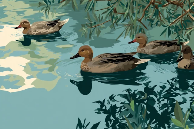 Grey Teal Ducks on Cooks River Illustration