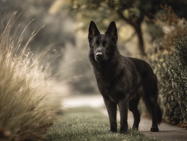 Black German Shepherd Dog Guarding the Yard
